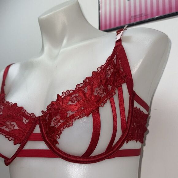 🔥Victoria's Secret Deep Red Floral Lace Bra Set Sz 34D // Large New - Picture 5 of 9